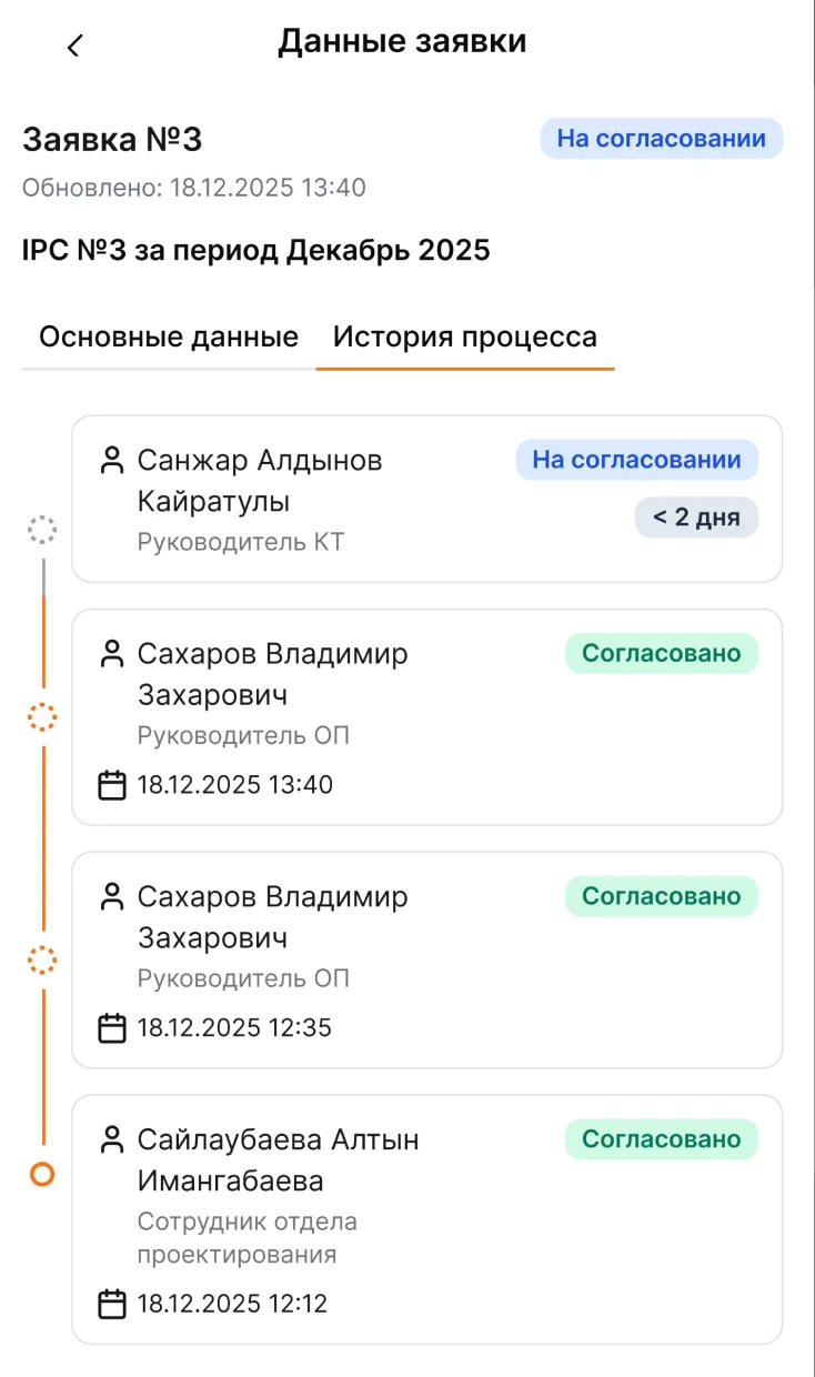 Экран ENKI — Согласование: статус на каждом этапе